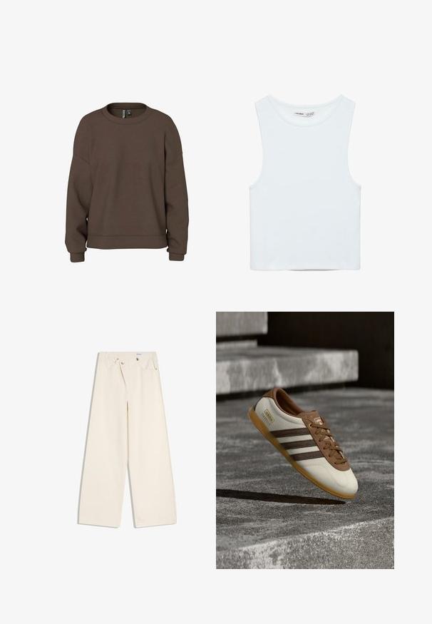 Brun sweatshirt gemaakt van zachte stof, met een ronde hals, verlaagde schouders en geribbelde manchetten voor een ontspannen pasvorm. Eenvoudig ontwerp met effen kleur.; Witte mouwloze crop top met ronde hals, gemaakt van gladde stof, met Pull&Bear-label, geschikt voor casual wear.; Off-white wijde broek met steekzakken aan de voorkant, lussen voor een riem en zilveren knopen op de tailleband en de randen van de zakken.; Witte en bruine Adidas Gazelle sneaker met gumzool zwevend boven stenen trappen en grond in een buitenomgeving.