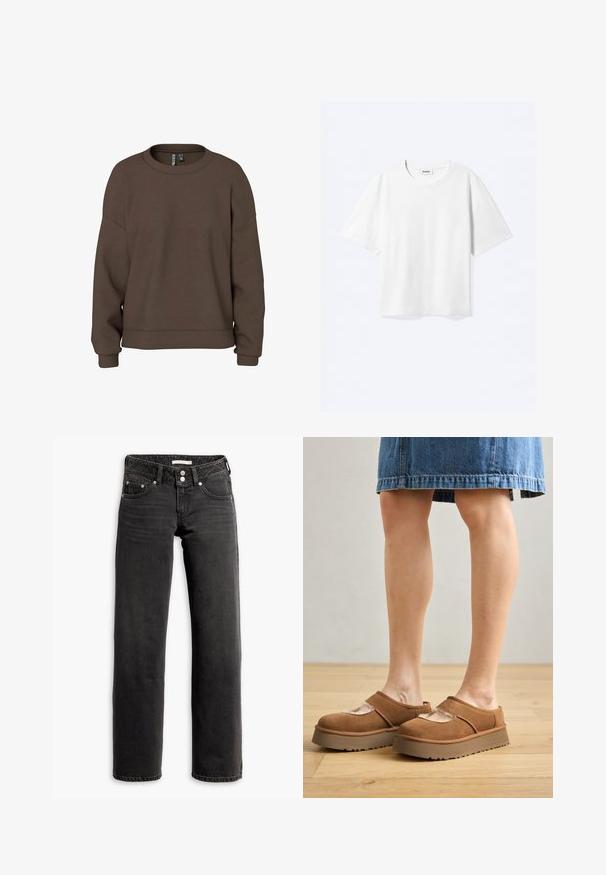 Brun sweatshirt gemaakt van zachte stof, met een ronde hals, verlaagde schouders en geribbelde manchetten voor een ontspannen pasvorm. Eenvoudig ontwerp met effen kleur.; Witte T-shirt met korte mouwen en een ronde hals met rechte zoom, met een "WEEKDAY" merklabel aan de binnenkant van de hals.; Zwarte straight-leg jeans met voor- en achterzakken, riemlussen en dubbele knoopsluiting bij de taille.; Bruine suède plateau schoenen met een ronde punt, uitsnijdingen en een stevige zool, vergezeld door een denim rok in een houten vloer setting.