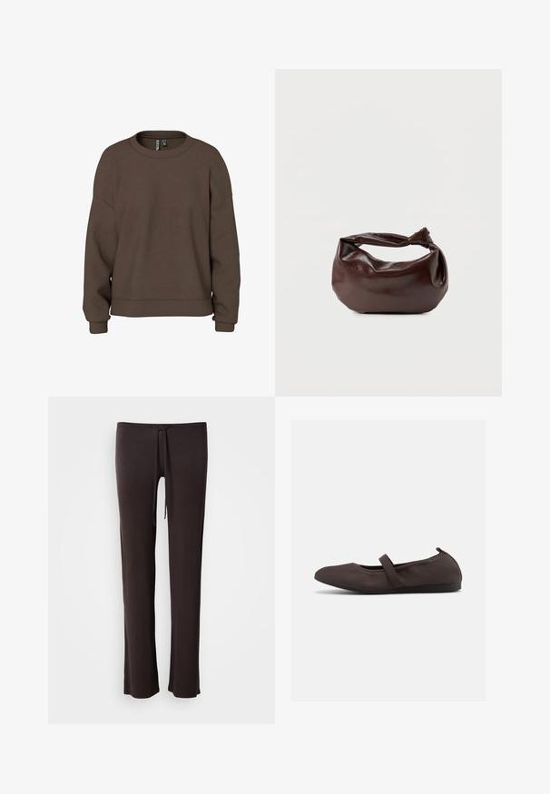 Brun sweatshirt gemaakt van zachte stof, met een ronde hals, verlaagde schouders en geribbelde manchetten voor een ontspannen pasvorm. Eenvoudig ontwerp met effen kleur.; Zwarte, lichtgewicht broek met een rechte snit, tunnelkoord in de taille en een gladde textuur; ontworpen voor comfort en bewegingsvrijheid.; Bruine ballerinaschoen met elastische band en ronde neus, getoond op een witte achtergrond, zijaanzicht.; Donkerbruine leren schoudertas met een zachte, slungelige vorm en een gedraaide knoopvormige handgreep op een effen witte achtergrond.