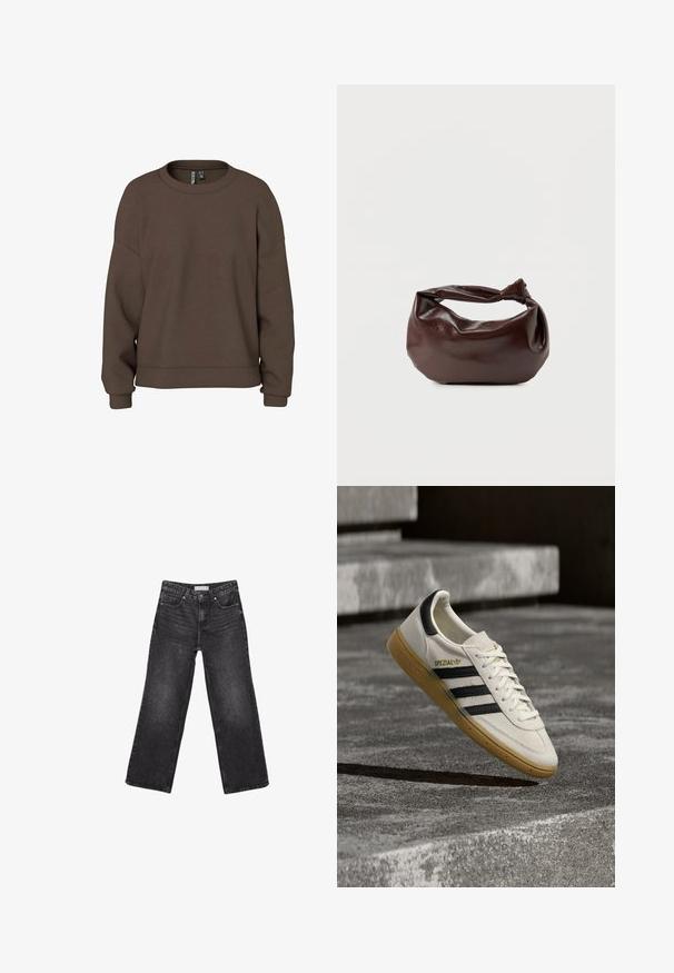 Brun sweatshirt gemaakt van zachte stof, met een ronde hals, verlaagde schouders en geribbelde manchetten voor een ontspannen pasvorm. Eenvoudig ontwerp met effen kleur.; Zwarte denim jeans met wijde pijpen, voor- en achterzakken, knoopsluiting en riemlussen, plat gelegd op een witte achtergrond.; Witte Adidas Spezial sneaker met zwarte strepen en gumzool, zwevend boven grijze stenen trappen buiten.; Donkerbruine leren schoudertas met een zachte, slungelige vorm en een gedraaide knoopvormige handgreep op een effen witte achtergrond.