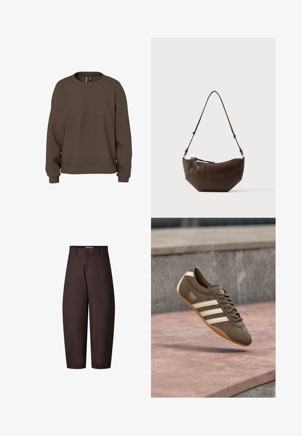 Brun sweatshirt gemaakt van zachte stof, met een ronde hals, verlaagde schouders en geribbelde manchetten voor een ontspannen pasvorm. Eenvoudig ontwerp met effen kleur.; Bruine hooggetailleerde, wijd uitlopende cropped broek met riemlussen en een voorsluiting met rits, voorkant weergegeven op een witte achtergrond.; Bruine suède sneaker met witte strepen en merklogo's, voorzien van een ronde neus en een zool van tandgumrubber, zwevend boven een getextureerd oppervlak.; Bruine leren schoudertas met een gebogen onderkant en een verstelbare riem tegen een effen lichte achtergrond.