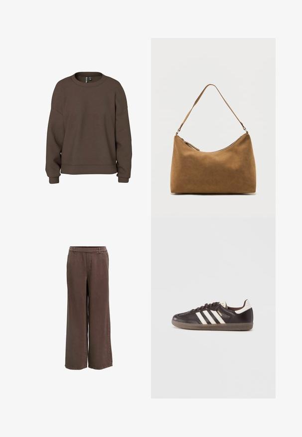 Brun sweatshirt gemaakt van zachte stof, met een ronde hals, verlaagde schouders en geribbelde manchetten voor een ontspannen pasvorm. Eenvoudig ontwerp met effen kleur.; Bruine wijde broekspijpen gemaakt van zachte stof, met een taillehoogte halverwege, een verborgen rits aan de voorkant en een gladde textuur.; Donkerbruine leren sneakers met een wit drie-strepen ontwerp, een rubberen zool en "Samba" in gouden letters aan de zijkant. Klassieke lage schoenvorm.; Bruine suède schoudertas met een enkele band en een ritssluiting aan de bovenkant, gepresenteerd tegen een effen witte achtergrond.