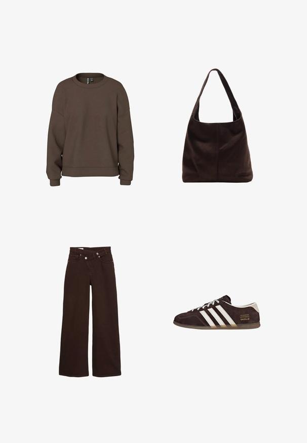 Brun sweatshirt lavet af blødt stof, med rund hals, drop skuldre og ribbede manchetter for en afslappet pasform. Enkel, ensfarvet design.; Brune vide ben jeans med høj talje, front lynlås og knaplukning, der har for- og baglommer.; Brune ruskindssneakers med tre hvide striber, gummisål og tekstlabel med ordene "Gazelle" i guld. Snørebåndsdesign med grå snørebånd.; Brun ruskind skuldertaske med et bredt, fladt håndtag. Blød, ustruktureret design med en central søm. Ingen synlig hardware eller udsmykninger.