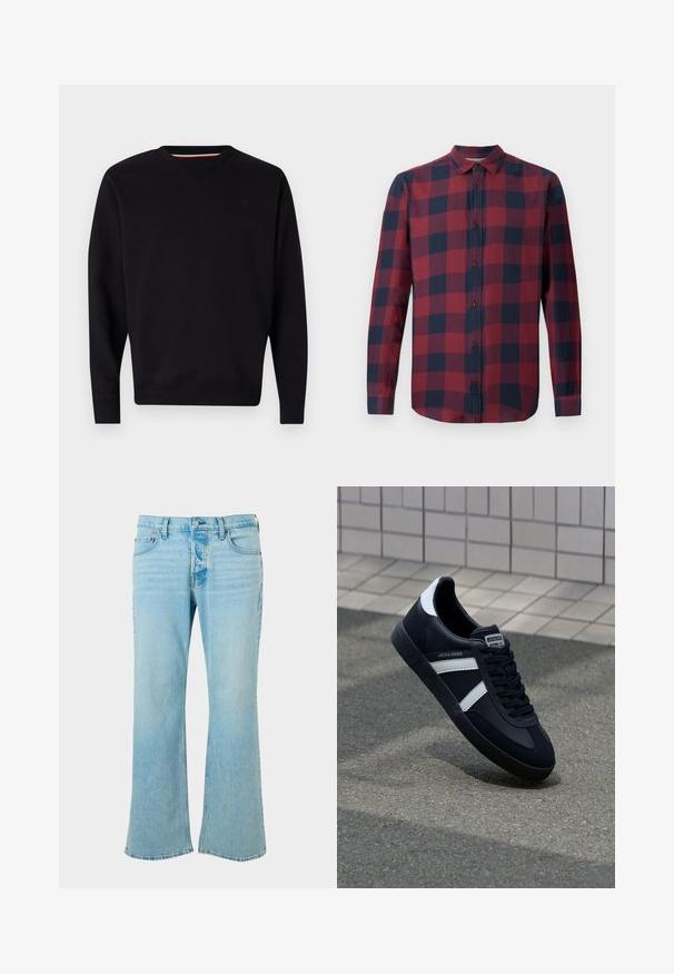 Replay ESSENTIAL R CREWNECK - Sweatshirt - black; Rot-kariertes Langarmhemd in Marineblau mit Button-Down-Kragen und dunklen Knöpfen. Hergestellt aus leichtem Stoff mit glatter Textur.; Hellblaue Jeans aus Denim mit weitem Bein, hoch tailliert, fünf Taschen und Knopfverschluss. Glatte Textur, ausgewaschener Look.; Schwarze Leder-Sneaker mit weißen Streifen, strukturiertem Gummisohle und Schnürung. Verfügt über ein Markenetikett auf der Zunge.