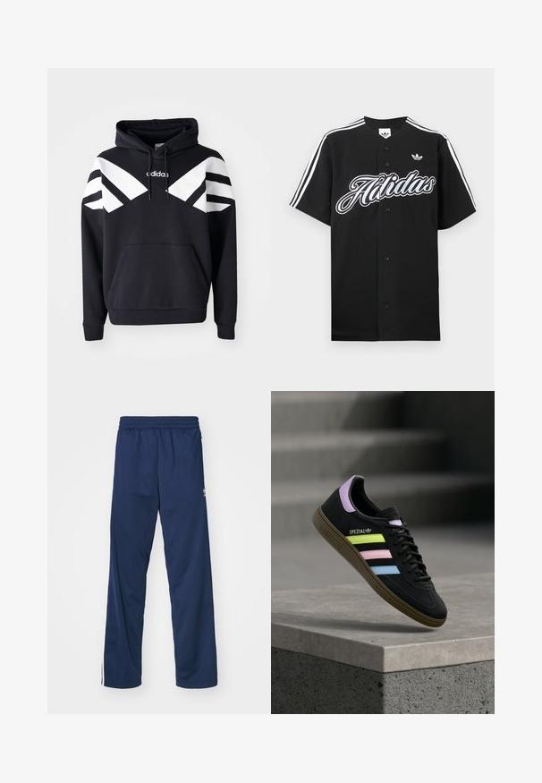 Zwarte hoodie met witte diagonale strepen over de borst en mouwen, voorvak en logo op de bovenkant van de borst.; Zwart honkbalshirt met witte mouwen met drie strepen, een groot "Adidas"-logo op de voorkant en een klein logo op de borst. Gemaakt van zachte stof.; Navyblauwe sportbroek met een elastische tailleband, voorzien van witte zijkanten en een logo accent op de linker dij.; Zwarte Adidas Spezial sneaker met pastelgele, roze en blauwe strepen, lavendelkleurig hielhaakje en bruine zool, zwevend boven een betonnen richel.