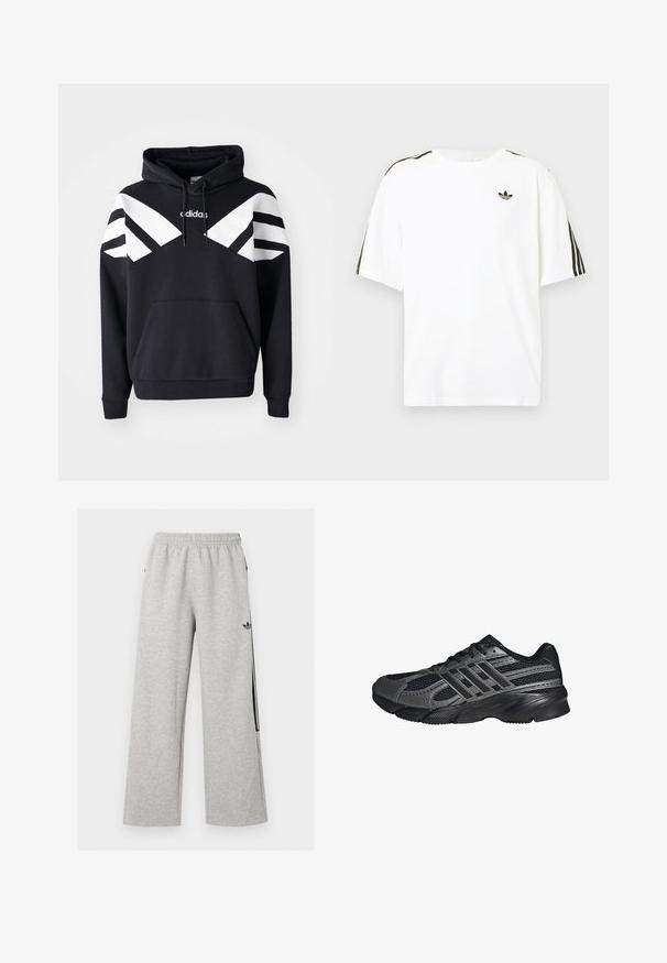 Sort hættetrøje med hvide diagonale striber over brystet og ærmerne, frontlomme og logo på den øverste del af brystet.; Hvid bomuld t-shirt med korte ærmer, prydet med sorte tre-stribede detaljer på skuldrene og et lille sort logo på brystet.; Lysegrå vidtløftede joggingbukser med elastisk talje og sort Adidas trefoil-logo på højre lår.; Sorte træningssko lavet af mesh og syntetiske materialer, med en tekstureret overflade, flere grå striber og en polstret krave.