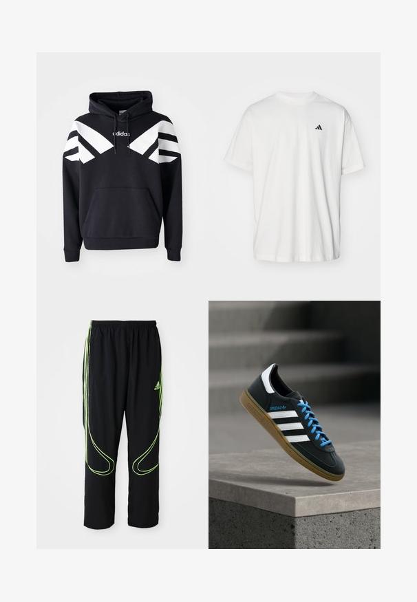 Zwarte hoodie met witte diagonale strepen over de borst en mouwen, voorvak en logo op de bovenkant van de borst.; Witte katoenen t-shirt met korte mouwen, ronde hals en een klein zwart Adidas-logo op de linkerzijde van de borst. Zachte textuur, casual pasvorm.; Zwarte Adidas sportbroek met neon groene gebogen lijnen en drie strepen aan de zijkanten, elastische tailleband en het Adidas-logo op de voorkant van de bovenbenen.; Zwarte Adidas-sneaker met witte strepen, blauwe veters en een gumzool die boven een grijze betonnen trede zweeft in zacht licht.