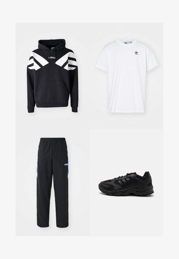 Sudadera con capucha negra que presenta franjas diagonales blancas en el pecho y las mangas, bolsillo frontal y logotipo en la parte superior del pecho.; Camiseta blanca de algodón con mangas cortas, escote redondo y un logo negro de Adidas con tres franjas en la zona del lado izquierdo del pecho.; Pantalones deportivos negros con cintura elástica, que presentan acentos gráficos en azul y blanco en los laterales, y un logo bordado.; Zapatillas deportivas negras que combinan malla transpirable y materiales sintéticos. Suela texturizada distintiva y tres franjas negras en el costado.