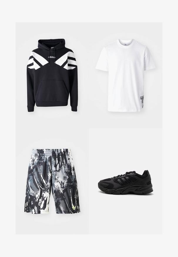Sudadera con capucha negra que presenta franjas diagonales blancas en el pecho y las mangas, bolsillo frontal y logotipo en la parte superior del pecho.; Camiseta de algodón blanca de manga corta, con cuello redondo y un parche del logo de Adidas en negro en la parte inferior izquierda. Textura suave.; Pantalones cortos deportivos negros y grises con un diseño de patrón, con cintura elástica, que presentan un diseño abstracto digital y un pequeño acento neón.; Zapatillas deportivas negras que combinan malla transpirable y materiales sintéticos. Suela texturizada distintiva y tres franjas negras en el costado.