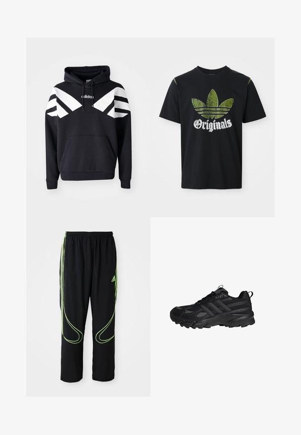 Sort hættetrøje med hvide diagonale striber over brystet og ærmerne, frontlomme og logo på den øverste del af brystet.; Sort bomulds T-shirt med et slidt grønt grafik med tre striber og ordet "Originals" nedenfor i hvidt, rund halsudskæring, korte ærmer.; Sorte Adidas sportbukser med neongrønne buede linjer og tre striber på siderne, elastisk livrem og Adidas-logo på forsiden af låret.; Sort atletiksko med snørelukning foran, struktureret sål og polstret krave, set fra siden på en hvid baggrund.