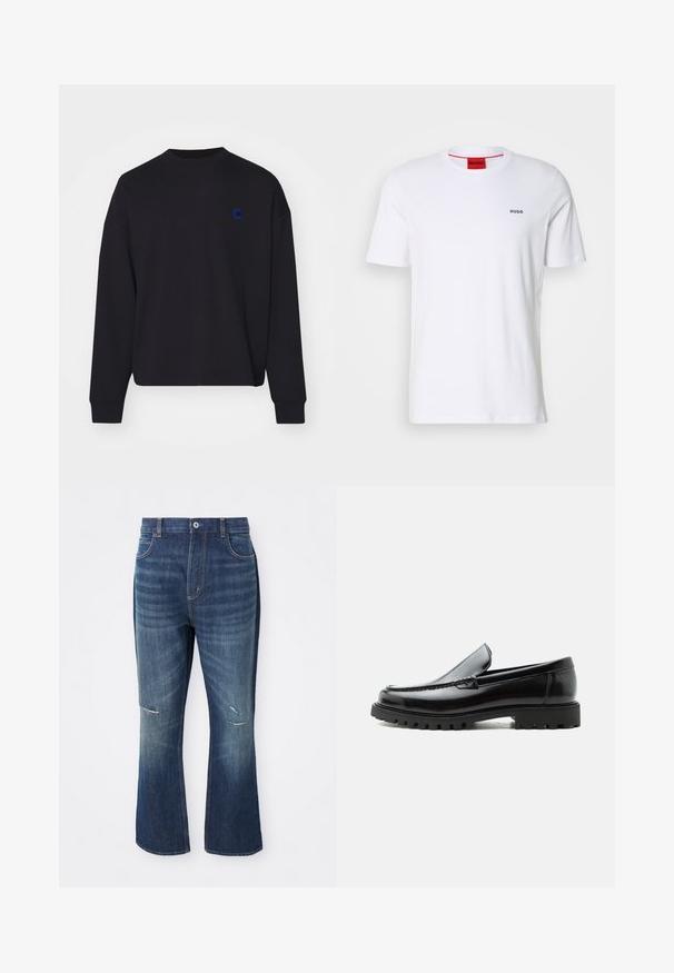 Zwarte sweatshirt van katoen, met een ronde hals en een losse pasvorm. Het heeft een klein blauw geborduurd logo op de borst.; Witte katoenen t-shirt met korte mouwen, een ronde halslijn en een klein zwart "HUGO" logo op de linkerkant van de borst. Voorzien van een rood etiket aan de binnenkant van de hals.; Blauwe denim flare jeans met lichte slijtage op beide knieën en een knoopsluiting bij de taille, gepresenteerd tegen een witte achtergrond.; Zwarte leren loafer met dikke rubberen zool, gestikte bovenkant en gegraveerde merknaam op de hiel, zijaanzicht op witte achtergrond.
