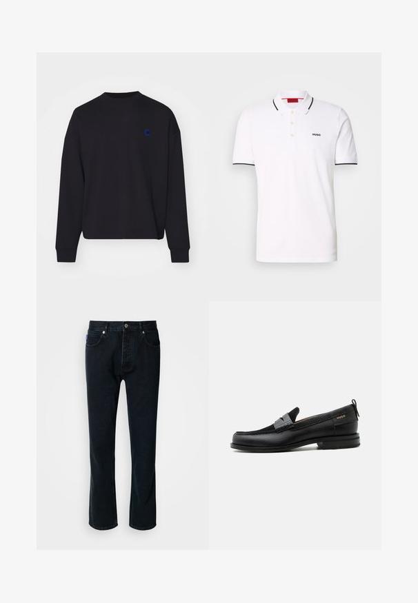 Sort sweatshirt lavet af bomuld, med rund halsudskæring og løs pasform. Den har et lille blåt broderet logo på brystet.; Hvid polo skjorte lavet af bomuld, med en klassisk krave, tre-knap lukning, sort kant på ærmerne og et lille sort logo på brystet.; HUGO JONAH - Jeans Straight Leg - dark blue; Sort læderloafer med grå remdetalje, lav hæl og tekstureret sål, mærket med "HUGO" i guld på siden.