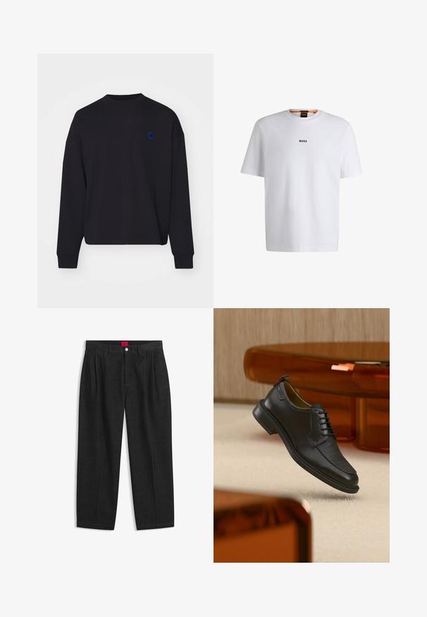 Zwarte sweatshirt van katoen, met een ronde hals en een losse pasvorm. Het heeft een klein blauw geborduurd logo op de borst.; Witte katoenen T-shirt met korte mouwen, voorzien van een zwart "BOSS"-logo in het midden van de borst en een ronde halsontwerp.; Zwarte hoge taille broek met plooien aan de voorkant, ceintuurlussen, een knoop- en ritsluiting, en een rood label aan de binnenkant van de tailleband.; Zwarte leren veterschoen in de stijl van een nette schoen met een gestructureerd vooraanzicht, zwevend boven een beige tapijt in een moderne kamer met amberkleurige meubelen.