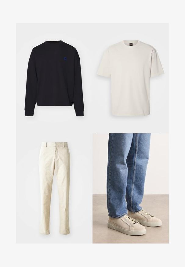 Schwarzer Pullover aus Baumwolle mit rundem Halsausschnitt und lässiger Passform. Er hat ein kleines blaues gesticktes Logo auf der Brust.; Kurzärmliges T-Shirt mit Rundhalsausschnitt aus Baumwolle in Off-White, mit geradem Schnitt und minimalem Branding am Kragen. Weiche Textur, keine Muster.; Hellbeige maßgeschneiderte Hose mit strukturiertem Muster, geradem Beinanschnitt und mittelhoher Taille, mit Gürtelschlaufen und ohne sichtbare Taschen.; BOSS GARYTENN_SDHDEL - Sneaker low - natural ten