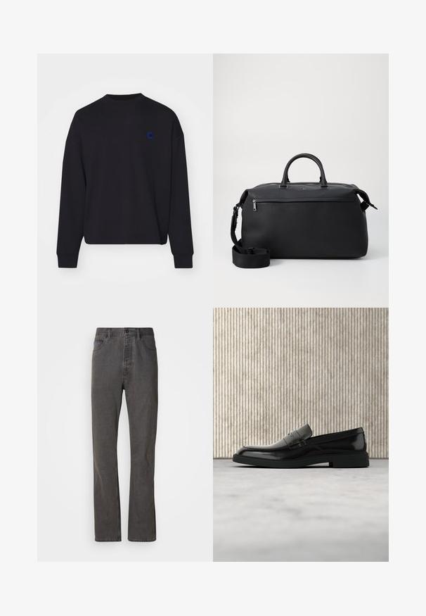Zwarte sweatshirt van katoen, met een ronde hals en een losse pasvorm. Het heeft een klein blauw geborduurd logo op de borst.; Grijze spijkerbroek met een rechte pijp, voorzien van voorzakken, een knoopsluiting en een subtiele textuur.; Zwarte gepolijste leren loafer die boven een beige tapijt zweeft met oranje doorschijnend meubilair op de achtergrond.; Zwarte leren reistas met twee bovenhandvaten, een afneembare schouderband en een ritsvak aan de voorkant voor extra opbergruimte.
