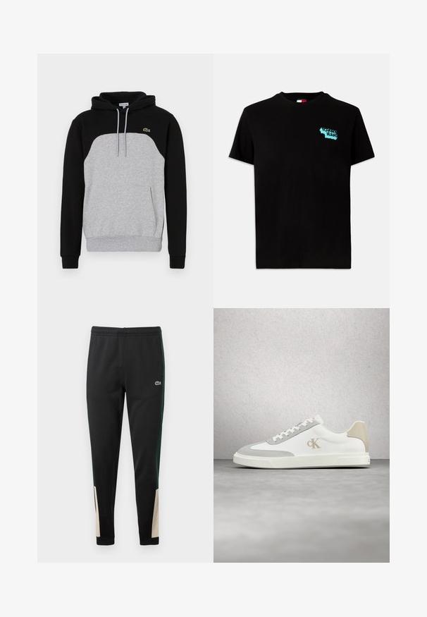Sudadera con capucha que presenta un cuerpo negro, un panel frontal gris, cordón ajustable y un pequeño logo verde en el pecho. Mezcla de algodón suave y texturizado.; Camiseta de algodón negra con mangas cortas. Presenta un logo en azul claro de "Tommy Jeans" en la parte izquierda del pecho. Diseño clásico de cuello redondo.; Pantalones de chándal negros con franjas laterales verdes y acentos beiges en los puños. Cintura elástica y logo de Lacoste en la parte frontal. Textura suave.; Zapatilla blanca de Calvin Klein con detalles en ante beige y logo, flotando sobre un suelo liso gris con fondo de pared de bloques de vidrio.