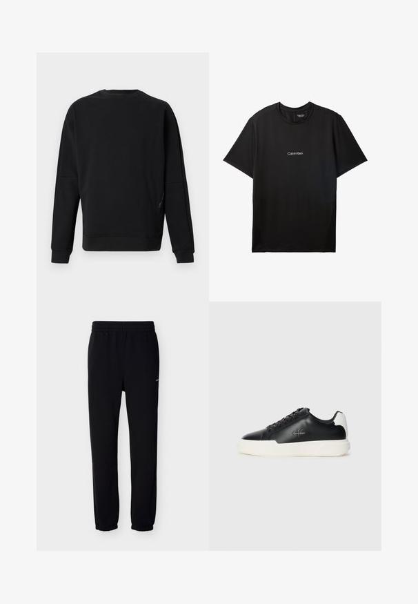 Sweat-shirt noir uni à manches longues avec col rond, poignets et ourlet côtelés, présenté sur un fond gris clair.; T-shirt Calvin Klein noir à manches courtes avec col rond et petit logo blanc Calvin Klein centré sur la poitrine.; Pantalon de survêtement noir avec une taille élastique et des poignets. Fabriqué en tissu doux. Présente un petit logo blanc sur le côté gauche.; Baskets en cuir noir avec semelle en caoutchouc blanche. Présentent un bout arrondi, un design à lacets et un détail de logo sur le côté. Accent arrière en blanc.