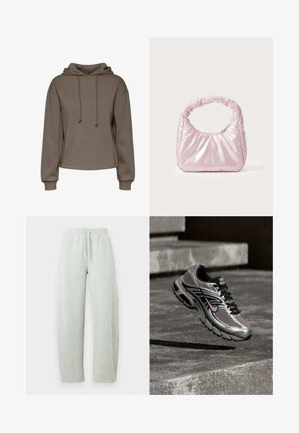 Bruine capuchontrui met trekkoorden, brede mouwen en een cropped ontwerp. Zachte textuur met geribde manchetten en een rechte zoom.; Lichtgrijze joggingbroek met een elastische tailleband en trekkoord. De stof heeft een zachte textuur en rechtvallende, losse pijpen.; Nike Air Max hardloopschoen met zilver-, zwart- en paarse mesh, afgebeeld zwevend boven een betonnen oppervlak en traptreden.; Roze, gevoerde handtas met een afgeronde vorm, gemaakt van glanzend materiaal. Beschikt over een geplooide handgreep en een ritssluiting voor veilige toegang.