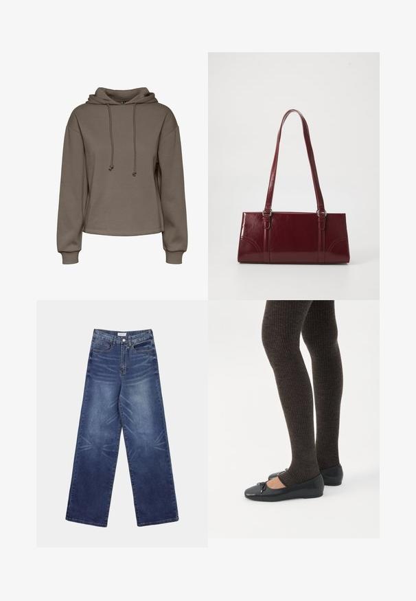 Brun hættebluse med snøre, vidde ærmer og en cropped design. Blød tekstur med ribbede manchetter og en lige kant.; Vidbenede denimjeans i mørkeblå, med høj talje, tydelige falmninger foran og klassisk femlomme-design.; Ben iført mørke ribbede leggings kombineret med sorte balletsko med små sløjfedetaljer på hvid baggrund.; Bordeaux håndtaske lavet af glansfuldt materiale, rektangulær form, med to skulderremme og subtile buede detaljer på forsiden.