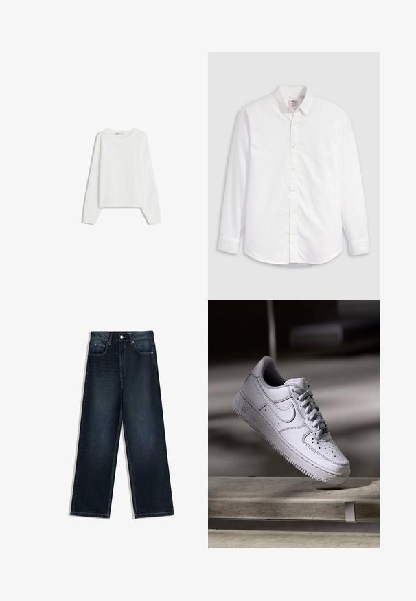 Hvid strikket sweater med lange ærmer, rund halsudskæring, ribbede manchetter og kant. Blød tekstur, løs pasform, ingen synlige mønstre eller accenter.; Hvid skjorte med knapper, lavet af bomuld, med lange ærmer, krave og en buet kant. Har gule knapper og diskret branding.; Vidbenede mørkeblå denimjeans med en glat tekstur, der har frontlukning med knapper, fem lommer og kontrasterende syninger.; Hvid læder Nike Air Force 1 sneaker med perforeret tå, flade snørebånd og tekstureret gummisål med "AIR" branding på siden.