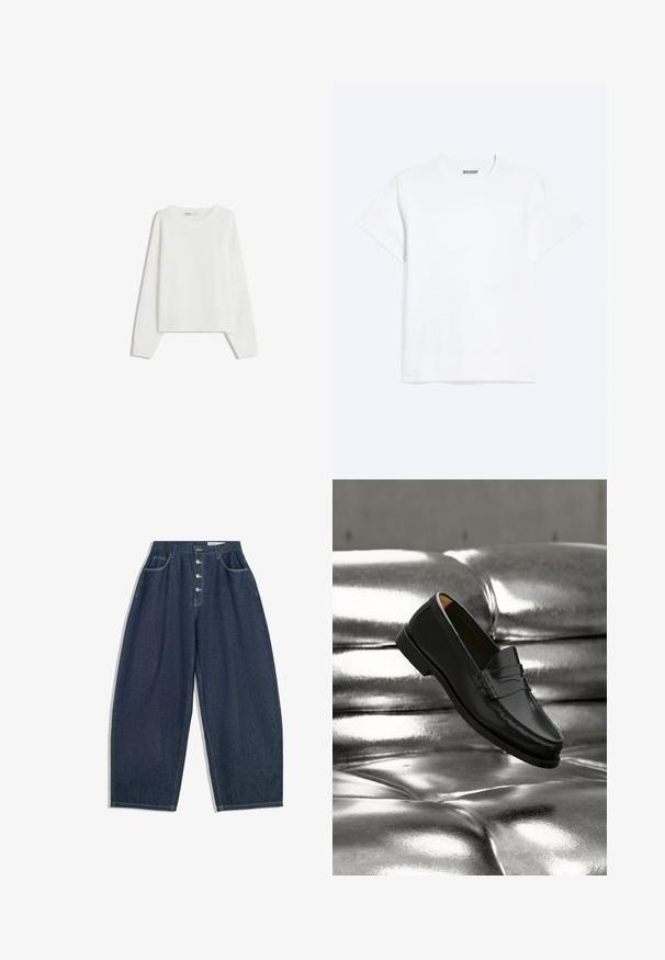Hvid strikket sweater med lange ærmer, rund halsudskæring, ribbede manchetter og kant. Blød tekstur, løs pasform, ingen synlige mønstre eller accenter.; Enkelt hvid t-shirt med korte ærmer og rund halsudskæring med et "WEEKDAY" mærke på indersiden af nakken, vist på en lys baggrund.; Mørkeblå denim bukser med brede ben og høj talje, fem knaplukninger og fem lommer. Har stikninger som accent på sømmene.; Sort læderloafer svæver over en skinnende sølvfarvet, polstret lædersofa i et minimalistisk miljø.