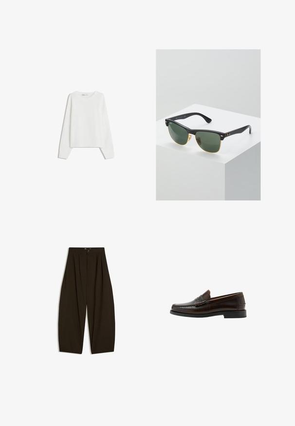 Hvid strikket sweater med lange ærmer, rund halsudskæring, ribbede manchetter og kant. Blød tekstur, løs pasform, ingen synlige mønstre eller accenter.; Mørkebrune viddebenbukser med folder, bæltestropper og lukkes med knap foran.; Mørkebrun læder penny loafer med syet mokkasin tå, lav hæl og glat finish vist i sideprofil på hvid baggrund.; Ray-Ban solbriller med grønne linser, sorte plastikstel og gyldne detaljer ved kanterne. Firkantet form med mat finish.