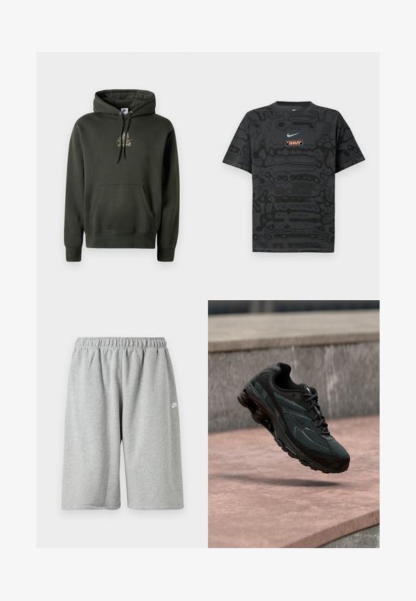 Donkergroene hoodie met een kangoeroezak, verstelbare trekkoordkap en een kleine gouden grafiek op de borst. Zacht materiaal met geribbelde manchetten.; Zwart T-shirt met een gestructureerd patroon, met een klein Nike-logo in lichtblauw en een rechthoekige logopatch in contrasterende kleuren.; Grijze katoenen shorts met een elastische tailleband, voorzien van een losse pasvorm en een klein wit logo vlakbij de zoom. Gladde textuur, boven-knielengte.; Zwarte atletische sneaker met zichtbare luchtgeveerde tussenzool die boven een roze stenen oppervlak zweeft met een grijze stenen muur op de achtergrond.