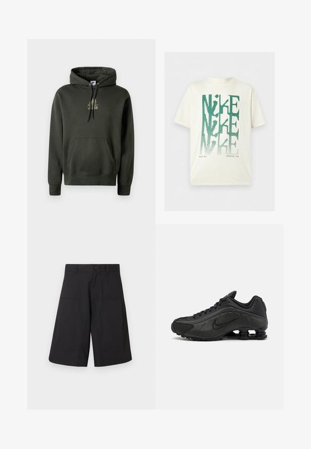 Donkergroene hoodie met een kangoeroezak, verstelbare trekkoordkap en een kleine gouden grafiek op de borst. Zacht materiaal met geribbelde manchetten.; Wit T-shirt met korte mouwen met grote groene vervormde tekst "NIKE" verticaal gestapeld en kleine tekst "NIKE INC. OREGON, USA" onderaan.; Zwarte cargoshorts gemaakt van lichtgewicht stof, met een knoopsluiting en twee voorzakken, uitgevoerd in een strak, recht gesneden ontwerp.; Zwarte hardloopschoenen met een glad bovenwerk van synthetisch materiaal, geperforeerde accenten, gestructureerde zijpanelen en een opvallende veerkrachtige zool.