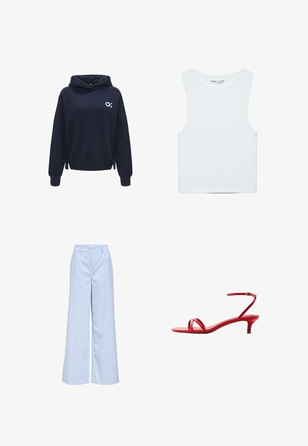 Dunkelblaues Kapuzen-Sweatshirt aus weichem Stoff, mit einem kleinen hellblauen Logo auf der linken Seite und Schlitzen an dem Saum.; Weißes ärmelloses Crop-Top mit rundem Ausschnitt, aus glattem Stoff, mit dem Label Pull&Bear, geeignet für den Alltag.; Helle blau-weiße gestreifte weite Hose aus glattem Stoff, mit hoher Taille und Seitentaschen.; Roter Ledersandale mit niedrigem Absatz, dünnen Riemen über den Zehen und einem Knöchelriemen mit Schnalle, von der Seite auf weißem Hintergrund dargestellt.