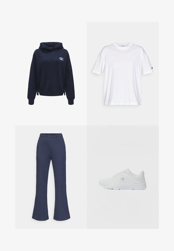 Dunkelblaues Kapuzen-Sweatshirt aus weichem Stoff, mit einem kleinen hellblauen Logo auf der linken Seite und Schlitzen an dem Saum.; Weißes Baumwoll-T-Shirt mit Rundhalsausschnitt, kurzen Ärmeln und kleinem Logo auf der linken Brust. Glatte Textur, Standardpassform.; Marineblaue, ausgestellte Hose aus weichem Stoff, mit elastischem Bund und glatter Textur, sauber verarbeiteter Saum.; Weiße Sportschuhe mit einem strukturierten Mesh-Obermaterial, gepolstertem Schaft und kontrastierendem Logo an der Seite. Verfügt über eine leichte Gummisohle.