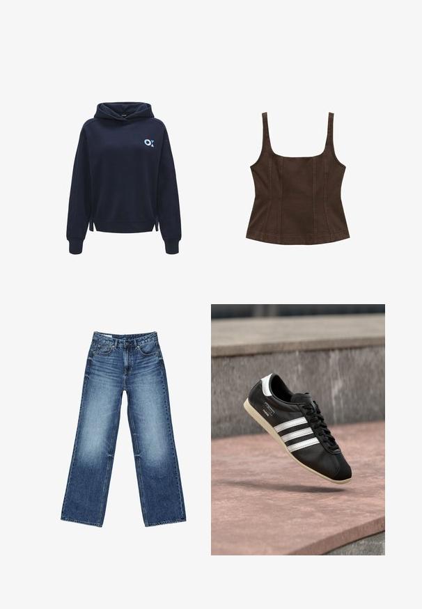 Dunkelblaues Kapuzen-Sweatshirt aus weichem Stoff, mit einem kleinen hellblauen Logo auf der linken Seite und Schlitzen an dem Saum.; Brauner, ärmelloser Top mit quadratischem Halsausschnitt, enganliegendem Design, Nahtdetails und einem strukturierten Stoff. Keine zusätzlichen Verzierungen.; Blaue Denim-Jeans mit verwaschener Optik auf den Oberschenkeln, geradem, weitem Bein, vorderer Knopfleiste, Reißverschluss und Fünf-Taschen-Stil.; Schwarzer Ledersneaker mit weißen Streifen und Sohle, geschnürt, schwebt über einer rosa gefärbten Betontfläche vor einer grauen Steinmauer im Hintergrund.