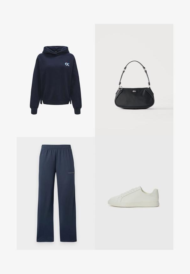 Dunkelblaues Kapuzen-Sweatshirt aus weichem Stoff, mit einem kleinen hellblauen Logo auf der linken Seite und Schlitzen an dem Saum.; Navyblaue, weit geschnittene Sweatpants mit elastischem Bund und kleinem Calvin Klein-Logo an der oberen linken Oberschenkelseite.; Calvin Klein PRO CUPS - Sneaker low - bright white; Schwarze Schultertasche mit verstellbarem Riemen, Reißverschluss und kleinem silbernem Krokodil-Logo vorne in der Mitte.