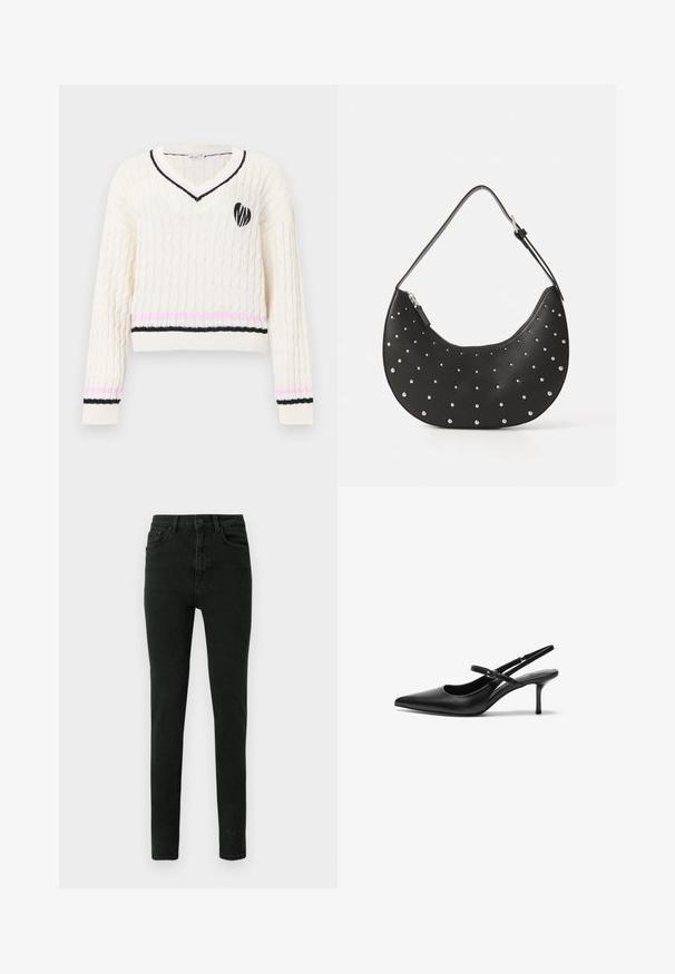 Pull crème en maille torsadée à col en V avec des rayures noires et roses sur les poignets et l'ourlet, arborant un emblème de cœur noir sur la poitrine.; Jeans noirs taille haute en coupe slim, fabriqués en denim avec une texture subtile, dotés de cinq poches et d'une fermeture à bouton sur le devant.; Talons aiguilles noires en cuir avec un bout pointu, une fine bride réglable, et un talon aiguille d'environ 5 cm, texture lisse.; Sac à main en cuir noir avec une forme arrondie, orné de clous en argent, doté d'une fermeture éclair et d'une seule sangle ajustable.