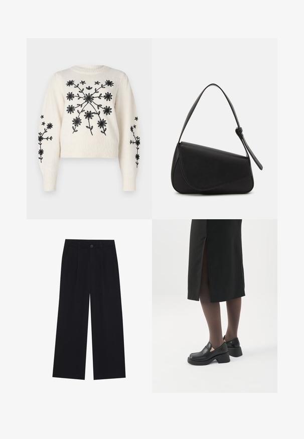 Suéter crema con bordado floral negro, que presenta un cuello redondo y puños acanalados. El diseño incluye patrones florales en la parte delantera y en las mangas.; Pantalones de pierna ancha negros confeccionados en una tela suave. Presentan pliegues delanteros, un cierre de botón y bolsillos laterales. Diseño liso sin patrones.; Mujer con mocasines negros de tacón grueso, medias negras transparentes y una falda negra con una abertura trasera sobre un fondo blanco.; Bolso de mano de cuero negro con forma triangular, tapa en ángulo y un asa superior redondeada. Presenta una textura suave y detalles de diseño minimalistas.