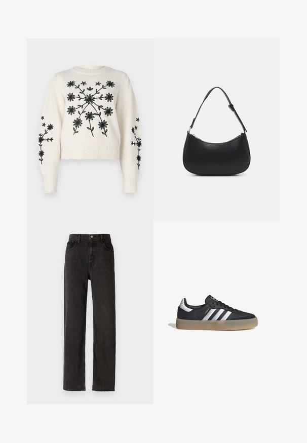 Suéter crema con bordado floral negro, que presenta un cuello redondo y puños acanalados. El diseño incluye patrones florales en la parte delantera y en las mangas.; Pantalones de mezclilla negros con un diseño de pierna recta, que destacan por una cintura alta, estilo de cinco bolsillos y detalles de dobladillo sin terminar.; Zapatilla deportiva de cuero negro con tres rayas plateadas, punta texturizada y suela de goma. Cuenta con un collar acolchado y un diseño con cordones.; Pieces PCALUANA SHOULDER BAG - Bolso de mano - black