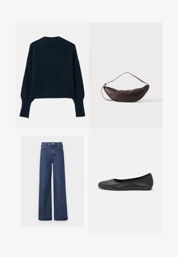 Dunkelnavyblauer, gerippter Strickpullover mit langen Ärmeln und rundem Ausschnitt, auf einem weißen Hintergrund flach ausgelegt.; Dunkelblaue High-Waist-Jeans mit weitem Bein, Fronttaschen, Gürtelschlaufen, Knopfverschluss und sichtbaren Bügelfalten entlang der Beine.; Schwarze Leder-Ballettschuhe mit abgerundeter Spitze, glatter Textur, minimalen Nähdetails und einem flexiblen Sohlen-Design.; Dunkelbraune Leder-Schultertasche in Halbmondform mit gebogenem Riemen und sichtbarer Naht auf schlichtem Hintergrund.