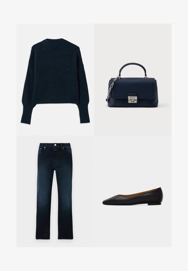 Donker marineblauwe geribbelde trui met lange mouwen en een ronde hals, plat gelegd op een witte achtergrond.; Donkerblauwe jeans voor heren met rechte pijpen, voor- en achterzakken, knoopsluiting en riemlussen, afgebeeld op een witte achtergrond.; Zwarte leren puntschoen met lage hak en gladde afwerking, zijaanzicht op een lichtgrijze achtergrond.; Marineblauwe leren handtas met textuur, voorzien van een bovenste handvat, zilveren kettingriem en een zilveren rechthoekige sluiting, afgebeeld tegen een effen witte achtergrond.