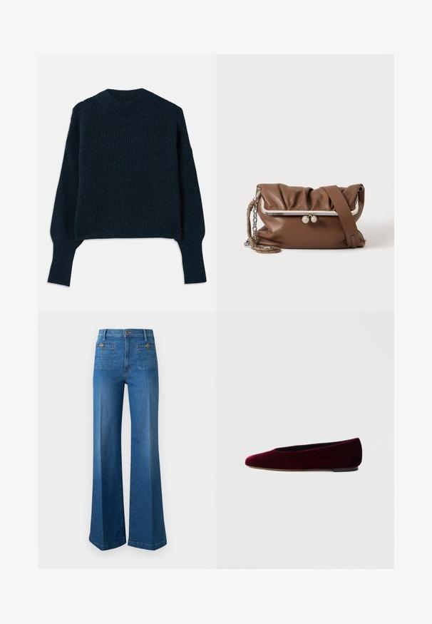 Donker marineblauwe geribbelde trui met lange mouwen en een ronde hals, plat gelegd op een witte achtergrond.; Blauwe jeans met hoge taille en wijde pijpen, met opgestikte voorzakken en decoratieve knopen op een effen achtergrond.; Bordeauxrode ballerina's van fluweel met een ronde neus en lage hak, met een gladde textuur en strakke vormgeving.; Bruine zachte leren schoudertas met zilverkleurig metalen frame en sluiting, een verstelbare riem en een gevlochten kettinghandvat op een witte achtergrond.