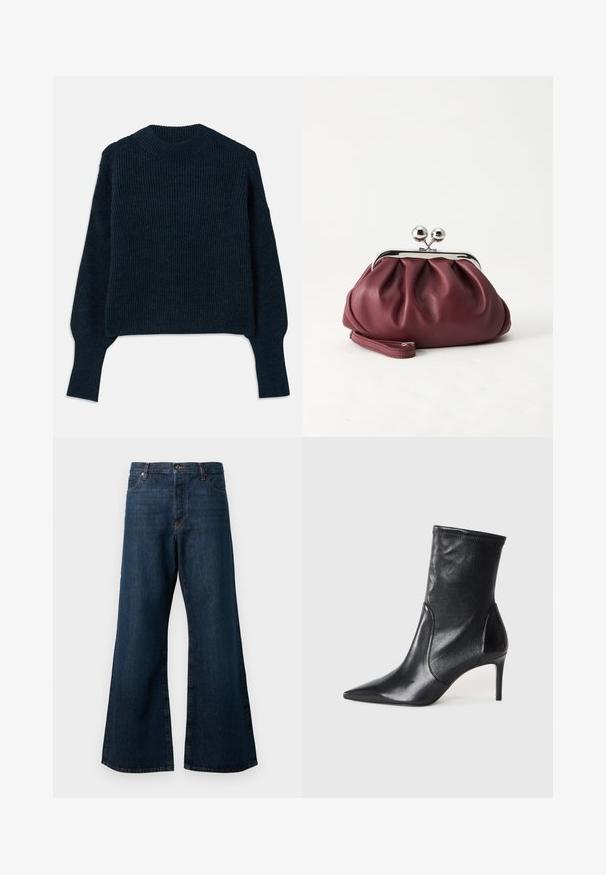 Dunkelnavyblauer, gerippter Strickpullover mit langen Ärmeln und rundem Ausschnitt, auf einem weißen Hintergrund flach ausgelegt.; Dunkelblaue weit geschnittene Jeans aus Denim, mit hoher Taille, Fünf-Taschen-Design und kontrastierenden orangefarbigen Nähten entlang der Nähte.; Schwarze Stiefeletten aus glattem Leder, mit einer spitzen Zehe, schmalem Schaft und schlanker, hoher Ferse. Minimalistisches Design ohne sichtbare Beschläge.; Kleine burgunderrote Lederclutch mit silbernem Metallverschluss und Handgelenksriemen auf weißem Hintergrund.