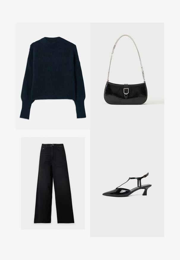 Dunkelnavyblauer, gerippter Strickpullover mit langen Ärmeln und rundem Ausschnitt, auf einem weißen Hintergrund flach ausgelegt.; Schwarze Jeans mit hoher Taille und weitem Bein, mit Gürtelschlaufen, Frontknopf und Taschen vorne und hinten.; Schwarzer Slipper aus Lackleder mit spitz zulaufender Kappe, T-Riemen und niedrigem, schrägem Blockabsatz vor weißem Hintergrund.; Schwarze Schultertasche aus Lackleder mit silberner Schnalle und silbernem Kettenriemen, auf hellem einfarbigen Hintergrund präsentiert.