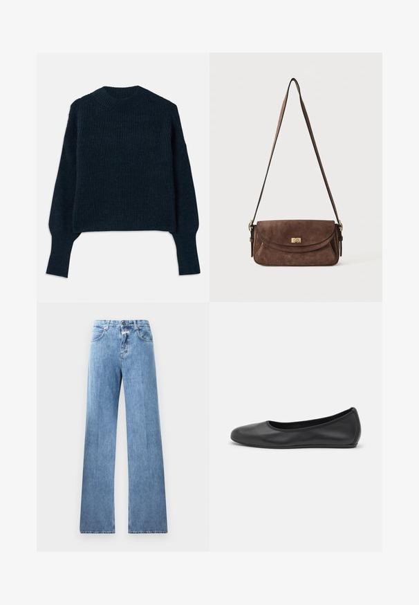 Donker marineblauwe geribbelde trui met lange mouwen en een ronde hals, plat gelegd op een witte achtergrond.; Lichtblauwe denim jeans met een wijde pasvorm, vijf zakken, lussen voor een riem en een knoopsluiting. De stof heeft een gladde textuur.; Zwarte leren ballerina met een ronde neus, gladde textuur, minimale stikdetails en een flexibele zoolontwerp.; Bruine suède schoudertas met een lange verstelbare band en een gouden draaisluiting op de voorflap.