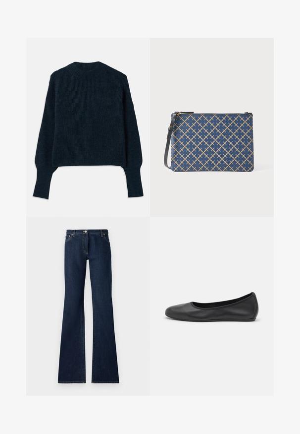 Dunkelnavyblauer, gerippter Strickpullover mit langen Ärmeln und rundem Ausschnitt, auf einem weißen Hintergrund flach ausgelegt.; Dunkelblaue Schlagjeans aus Denim mit fünf Taschen, Gürtelschlaufen und kontrastierendem gelben Stich entlang der Nähte.; Schwarze Leder-Ballettschuhe mit abgerundeter Spitze, glatter Textur, minimalen Nähdetails und einem flexiblen Sohlen-Design.; Marineblaue Clutch mit goldenem geometrischem Muster, Reißverschluss und abnehmbarem schwarzem Trageriemen. Strukturierte Oberfläche mit schlanker rechteckiger Form.