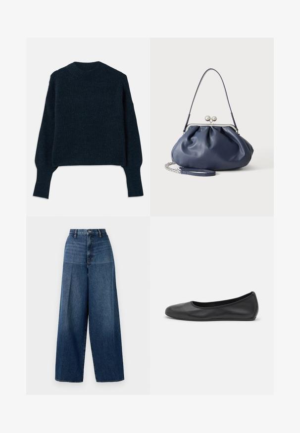 Mørkeblå ribbet striktrøje med lange ærmer og rund halsudskæring lagt fladt på en hvid baggrund.; Bredde denim jeans i mørkeblå. Har en høj talje, lynlås og subtil fading. Fremstillet af tekstureret bomuldsstof.; Sort læderballetsko med rund tå, glat tekstur, minimal syning og et fleksibelt såldesign.; Blød navyblå læderhåndtaske med sølv lukning, enkelt skulderrem og aftagelig kæde til håndleddet på hvid baggrund.