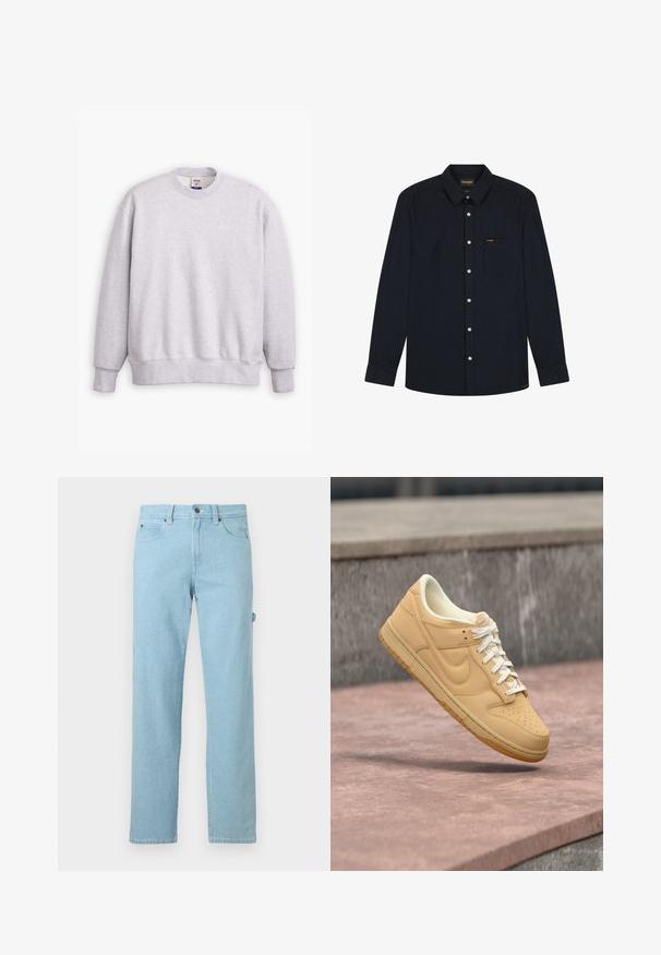 Grå sweatshirts med rund halsudskæring, lange ærmer, ribbede manchetter og kant. Har et lille "Levi's" logo i lysegul på forsiden.; Langærmet sort skjorte med knapper, krave, frontlomme, hvide knapper og Wrangler-logo på lommen og kravelabel.; Lyseblå denimjeans med rette ben, forsynet med knaplukning foran, to sidelommer og minimalt syningsdetaljer.; Tan Nike lavtop-sneaker med hvide snørebånd og gummisål, der svæver over en stens overflade og en betonbaggrund.