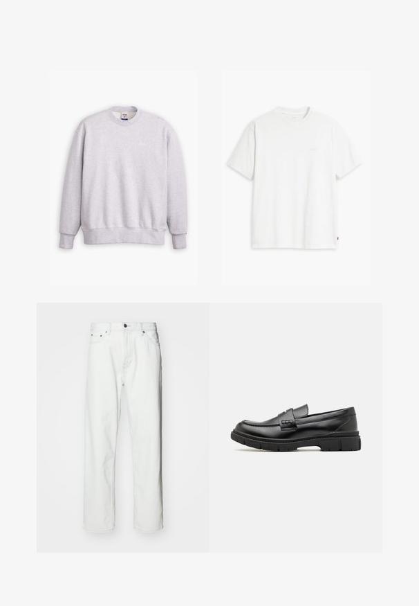Grå sweatshirts med rund halsudskæring, lange ærmer, ribbede manchetter og kant. Har et lille "Levi's" logo i lysegul på forsiden.; Hvid t-shirt i bomuld med korte ærmer, rund halsudskæring og en diskret "Levi's"-logo trykt i lyse farver på forsiden.; Hvide denimbukser med lige pasform, fem-lomme design, knaplukning og subtile syninger. Glat tekstur og minimalistisk stil.; Sort læder loafersko med en bred rem over forfoden, gummisål med tykke mønstre og glat overflade. Klassisk, slankt design.