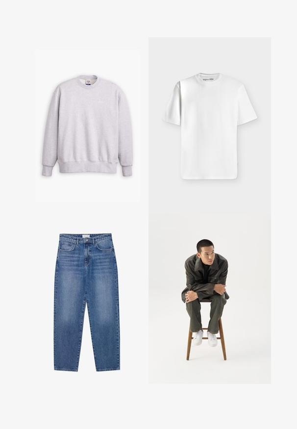 Grå sweatshirts med rund halsudskæring, lange ærmer, ribbede manchetter og kant. Har et lille "Levi's" logo i lysegul på forsiden.; Klassisk hvid T-shirt med korte ærmer og rund hals lagt fladt på en lysegrå baggrund med et lille mærke inde i halsudskæringen.; Blå denim jeans med høj talje, lige ben design og slidte finish. Har fem lommer og en knaplukning.; Ung mand i mørk læderjakke og jeans sidder på en træskammel, læner sig fremad med armene krydset og kigger til siden mod hvid baggrund.