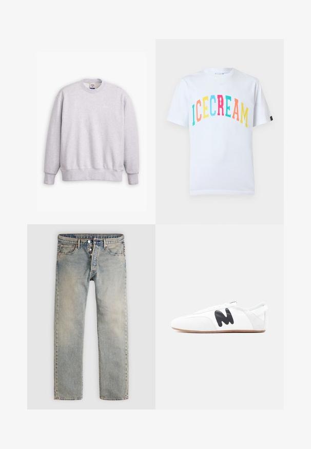 Grå sweatshirts med rund halsudskæring, lange ærmer, ribbede manchetter og kant. Har et lille "Levi's" logo i lysegul på forsiden.; Hvid bomulds-T-shirt med "ICECREAM" i flerfarvet, legende tekst. Klassisk rund hals og korte ærmer.; Lyseblå denimjeans med knapåbning, forlommer og bæltestropper lagt fladt på en hvid baggrund.; Hvid lavprofilsneaker med sort "M"-logo på siden og lys brun sål, set fra ydersiden på ensfarvet baggrund.
