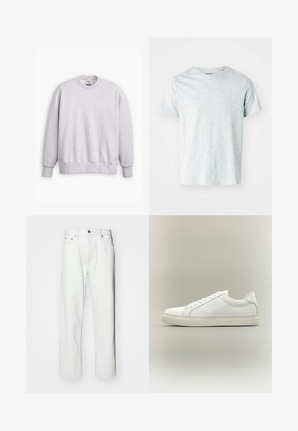 Grå sweatshirts med rund halsudskæring, lange ærmer, ribbede manchetter og kant. Har et lille "Levi's" logo i lysegul på forsiden.; Lys grå, kortærmet t-shirt lavet af blødt stof, med en rund hals og en let afslappet pasform. Ingen synlige mønstre eller grafik.; Hvide denimbukser med lige pasform, fem-lomme design, knaplukning og subtile syninger. Glat tekstur og minimalistisk stil.; Hvid lavtop sneaker med snørebånd foran og tyk sål, vist fra siden mod en neutral baggrund.