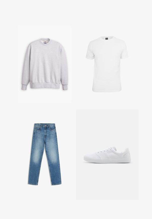 Grå sweatshirts med rund halsudskæring, lange ærmer, ribbede manchetter og kant. Har et lille "Levi's" logo i lysegul på forsiden.; Hvid kortærmet t-shirt, lavet af bomuld, med en klassisk rund hals og en glat tekstur, designet til afslappet brug.; Blå denimjeans med høj talje, forreste knap og lynlås, to forlommer og falmede områder på lår og knæ.; Hvide lærreds sneakers med gummisål, der har seks snørehuller, en struktureret tåkap og et minimalistisk design.