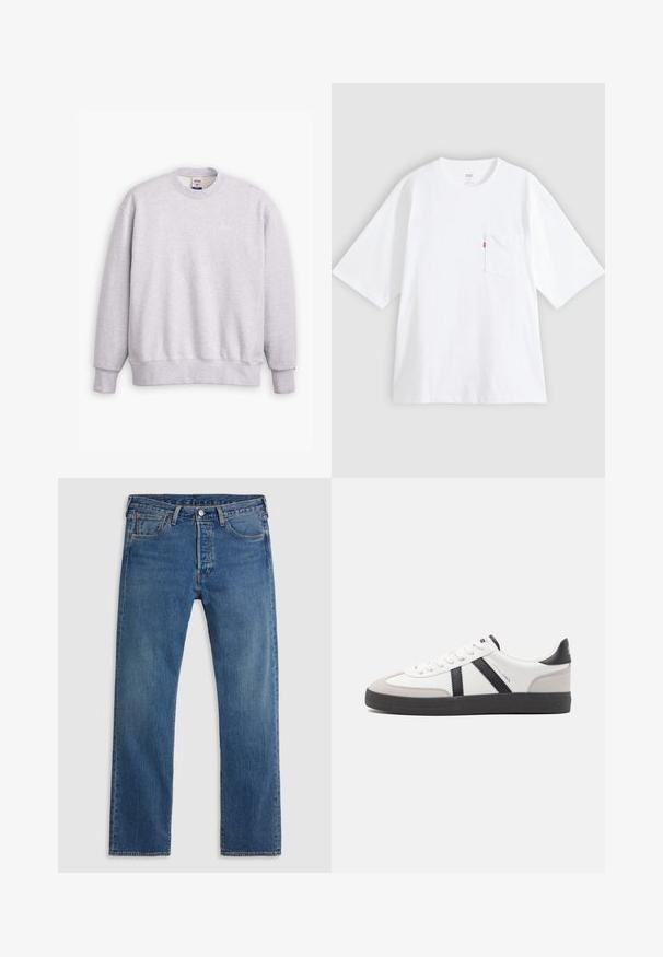 Grå sweatshirts med rund halsudskæring, lange ærmer, ribbede manchetter og kant. Har et lille "Levi's" logo i lysegul på forsiden.; Hvid bomulds-T-shirt med korte ærmer, rund hals og lomme på venstre bryst. Har en lille rød logoetiket på lommen.; Blå straight-leg denimjeans med fem lommer, bæltestropper og lukning med knap og lynlås foran på en ensfarvet baggrund.; Hvide sneakers med sorte og grå detaljer, med en tekstureret grå tåhætte, sort gummisål og flade hvide snørebånd. Rent design, minimalistisk stil.